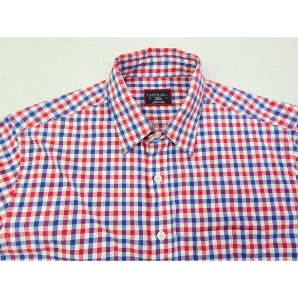 Untuckit Size Small Slim Fit Mens Red White Blue Check Long Sleeve Cotton Shirt - Picture 9 of 9